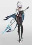  1girl absurdres bangs black_bodysuit bodysuit commentary_request elbow_gloves fingerless_gloves full_body genshin_impact gloves grey_eyes grey_hair hair_ornament hair_over_one_eye highres holding holding_polearm holding_weapon long_hair looking_at_viewer polearm rikui_(rella2930) shenhe_(genshin_impact) short_sleeves sidelocks simple_background solo spear standing weapon 