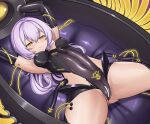  1girl armpits arms_up azur_lane bar_censor black_leotard blush breasts budesonide censored chinese_commentary corruption covered_navel covered_nipples dark_persona grey_hair hair_down highres javelin_(azur_lane) leotard long_hair lying medium_breasts pubic_tattoo restrained siren_(azur_lane) smile solo spread_legs stationary_restraints tattoo yellow_eyes 