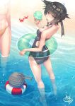  2girls asdj ass barefoot beach black_hair blue_one-piece_swimsuit breasts character_request chou-10cm-hou-chan clip_studio_paint_(medium) competition_swimsuit food full_body grey_eyes groin hachimaki hatsuzuki_(kancolle) headband highres ice_cream kantai_collection legs lifebuoy medium_breasts multiple_girls official_alternate_costume one-piece_swimsuit short_hair small_breasts swimsuit two-tone_swimsuit white_one-piece_swimsuit 