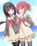  2girls black_hair blue_sky blush bow green_eyes hair_between_eyes hair_ornament hair_ribbon highres long_hair long_sleeves multiple_girls open_mouth pantyhose red_eyes red_hair ribbon sanshuu_middle_school_uniform school_uniform serafuku short_hair side-by-side skirt sky smile tawai thighhighs tougou_mimori walking yuuki_yuuna yuuki_yuuna_wa_yuusha_de_aru yuusha_de_aru 