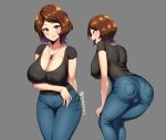  1girl big_hero_6 breasts brown_hair cass_hamada cleavage denim disney green_eyes hands_on_own_knees highres jeans jewelry large_breasts leaning_forward looking_at_viewer mature_female multiple_views necklace open_mouth pants short_sleeves simple_background smile sole_gem standing 