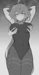  1girl 1other absurdres ahoge arms_behind_head arms_up bangs bell blush breast_grab covered_navel ganyu_(genshin_impact) genshin_impact grabbing grabbing_from_behind greyscale groping hair_between_eyes heart highres horns leotard monochrome neck_bell open_mouth pantyhose sally_(luna-arts) simple_background standing 