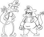  anthro clothed clothing cosplay crossover dinosaur dromaeosaurid duo eyewear female glasses goodbye_volcano_high hair hat headgear headwear humor long_snout male mario_bros monochrome nintendo ornithischian overalls reptile sage_(gvh) scalie size_difference sketch snoot_game_(fan_game) snout stegosaurian stegosaurus stella_(gvh) theropod thyreophoran toony unknown_artist velociraptor video_games 
