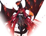  1girl absurdly_long_hair character_request claws dark-skinned_female dark_skin dragon dragon_girl dress fang fire flaming_eye grey_dress hair_between_eyes hand_on_own_chest long_hair looking_at_viewer official_art out_mark red_eyes red_hair simple_background solo standing standing_on_one_leg thigh_strap transparent_background twintails very_long_hair 