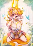  1girl blush breasts bug butterfly choker cleavage commentary duel_monster fangs flower forest frilled_tube_top hair_between_eyes hair_flower hair_ornament hair_over_one_eye highres large_breasts long_hair multicolored_hair nature navel open_mouth orange_eyes pink_hair plant poifuru saliva sitting skirt slit_pupils strapless tongue tongue_out traptrix_pinguicula tube_top two-tone_hair uvula wariza white_tube_top yu-gi-oh! 