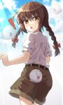  ! 1girl :o ass bakebake_(touhou) bangs belt black_belt blue_sky bow braid brown_eyes brown_hair brown_shorts closed_mouth commentary_request cowboy_shot from_behind hair_bow highres open_mouth red_bow rika_(touhou) shirt short_sleeves shorts sky solo_focus tongue tongue_out touhou twin_braids white_shirt yosshy 