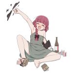  1girl alcohol armpits bangs barefoot black_bow black_nails black_panties blunt_bangs blush bocchi_the_rock! bottle bow braid closed_eyes dress drunk fang feet geta green_dress hair_bow hair_over_shoulder highres himokawa_udon hiroi_kikuri juice_box leaning_back long_hair low-braided_long_hair nose_blush panties panties_removed purple_hair sandals simple_background single_braid sitting soles spinning spread_legs spread_toes strap_slip toes underwear white_background wine_bottle 