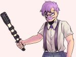  anthro baton clothed clothing deadassspider dinosaur dromaeosaurid eyewear glasses goodbye_volcano_high hair looking_at_viewer male purple_eyes purple_hair reptile sage_(gvh) scalie simple_background snoot_game_(fan_game) solo suspenders theropod velociraptor weapon 