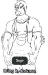  anthro clothed clothing dialogue dinosaur dromaeosaurid english_text goodbye_volcano_high hair humor looking_at_viewer low_res male monochrome muscular muscular_male overalls reaction_image reptile sage_(gvh) scalie sketch snoot_game_(fan_game) solo text theropod unknown_artist velociraptor 