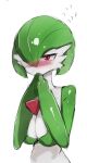  1girl absurdres bangs blush bob_cut breasts cleavage collarbone colored_skin commentary covered_mouth covering_mouth embarrassed flying_sweatdrops gardevoir green_hair green_skin hair_over_one_eye half-closed_eyes hand_to_own_mouth hands_up highres large_breasts looking_away looking_to_the_side multicolored_skin my700 nervous nose_blush one_eye_covered own_hands_together pokemon pokemon_(creature) red_eyes shiny shiny_hair shiny_skin short_hair simple_background sketch solo standing steepled_fingers sweat symbol-only_commentary two-tone_skin upper_body white_background white_skin 