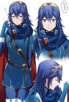  1girl ameno_(a_meno0) bangs belt blue_cape blue_eyes blue_gloves blue_hair blue_sweater blush brown_belt cape closed_eyes closed_mouth commentary_request falchion_(fire_emblem) fingerless_gloves fire_emblem fire_emblem_awakening gloves hair_between_eyes holding holding_sword holding_weapon jewelry long_hair lucina_(fire_emblem) multiple_views profile red_cape ribbed_sweater simple_background speech_bubble sweater sword tiara translation_request turtleneck turtleneck_sweater two-tone_cape weapon white_background 