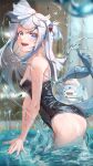  1girl :d bangs black_one-piece_swimsuit bloop_(gawr_gura) blue_hair blurry blurry_background blush breasts fish_tail from_side gawr_gura hair_ornament highres hololive hololive_english koromay_ho long_hair looking_to_the_side multicolored_hair one-piece_swimsuit one_side_up poll shark_girl shark_hair_ornament shark_tail short_twintails small_breasts smile solo streaked_hair swimsuit tail twintails virtual_youtuber wading water white_hair 