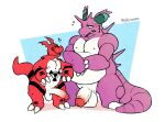  anthro anthro_on_anthro balls bandai_namco belly claws crossover digimon digimon_(species) duo embarrassed erection generation_1_pokemon genitals guilmon hi_res larger_male male male/male musclegut nidoking nintendo penis pokemon pokemon_(species) purple_body raburigaron red_body scalie size_difference small_dom_big_sub smaller_male video_games 