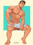  1boy abs bara brown_hair closed_mouth flaccid highres large_pectorals male_focus muscular muscular_male naked_towel navel nipples original pectorals penis short_hair solo testicles thick_thighs thighs towel towel_around_waist twitter_username youchi123 