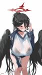  1girl black_hair black_wings blue_archive bra breasts breath gym_uniform haine_1871 hair_between_eyes halo hand_on_own_head hand_on_own_knee hasumi_(blue_archive) hasumi_(gym_uniform)_(blue_archive) highres jacket large_breasts leaning_forward red_eyes shirt track_jacket underwear wet wet_clothes wet_shirt wings 