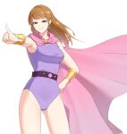  1girl absurdres bangs belt blue_eyes bracer breasts character_request cloak closed_mouth copper counter:side earrings feet_out_of_frame hand_on_hip highres jewelry leotard long_hair looking_at_viewer medium_breasts orange_hair pink_cloak purple_leotard smile solo standing thighs white_background 
