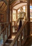  1boy book bookshelf chair circlet day highres hood hood_down indoors long_sleeves looking_at_viewer male_focus map_(object) panmijin99 pixiv_fantasia pixiv_fantasia_scepter_of_zeraldia red_eyes sekri_iniat solo stairs standing window 