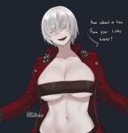  1girl absurdres bangs beltbra blue_eyes breasts chigen_(drakkai10) cleavage dante_(devil_may_cry) devil_may_cry_(series) genderswap genderswap_(mtf) hair_over_eyes highres jacket large_breasts looking_at_viewer open_mouth red_jacket revealing_clothes short_hair simple_background smile solo twitter_username underboob white_hair 