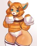  absurd_res anthro blue_eyes bottomless choker clothed clothing eroberry female fur generation_9_pokemon hair hi_res jewelry legwear long_sleeves necklace nintendo open_mouth orange_hair oversized_sleeves pawmi pokemon pokemon_(species) shirt solo stockings tan_body tan_fur thick_thighs thigh_highs topwear video_games 