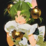  1girl animal_ears animal_hands animal_hat apron bell blush bow cat_ears cat_hat dejiko di_gi_charat dress gloves green_eyes green_hair hair_bell hair_ornament hat highres jingle_bell maid_apron paw_gloves portrait short_hair smile solo tongue tongue_out yatatashira 