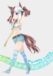  1girl animal_ears armpits arms_up blue_eyes breasts brown_hair character_name full_body highres horse_ears horse_tail melody_lane_(racehorse) navel original personification r0g0b0 shorts simple_background small_breasts smile solo tail thighhighs white_background 