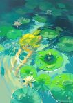  1boy afloat aqua_eyes flower freediving green_hair highres holy_pumpkin looking_at_viewer lotus low_ponytail solo swimming underwater water 