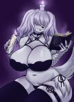  absurd_res anthro big_breasts book bra breasts candle candle_on_head candlestick canid canine clothing eroberry female fur generation_9_pokemon goth greavard grey_hair hair hair_over_eyes hi_res legwear lingerie mammal navel nintendo pentagram pokemon pokemon_(species) sitting slightly_chubby solo spellbook stockings thigh_highs thigh_strap thong underwear video_games white_body white_fur 