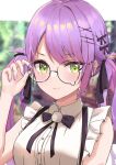  1girl adjusting_eyewear bare_shoulders black_bow black_bowtie black_ribbon bow bowtie braid closed_mouth ear_piercing french_braid frilled_shirt frills glasses green_eyes hair_ornament hair_ribbon hairclip highres hiragi_1014 hololive long_hair looking_at_viewer multicolored_hair nail_polish official_alternate_hairstyle piercing pink_hair pom_pom_(clothes) purple_hair purple_nails red-framed_eyewear ribbon shirt sleeveless sleeveless_shirt smile solo streaked_hair suspenders teardrop-framed_glasses tokoyami_towa twintails v-shaped_eyebrows virtual_youtuber wavy_hair white_shirt 