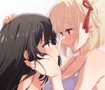  2girls :t arm_up bangs bare_arms bare_shoulders black_hair black_ribbon blonde_hair bra breasts cleavage closed_mouth collarbone eye_contact face-to-face fingernails from_side gradient gradient_background grey_background hair_ribbon hand_on_another&#039;s_cheek hand_on_another&#039;s_face hand_on_another&#039;s_head hand_up inoue_takina light_blush long_hair looking_at_another lycoris_recoil medium_breasts multiple_girls nishikigi_chisato one_side_up pout precision print_bra profile purple_eyes red_eyes ribbon short_hair smile underwear upper_body white_background white_bra yuri 