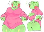  3_fingers amphibian anthro bent_over big_breasts big_butt blush bottomless breasts butt cleavage cleavage_cutout clothed clothing digital_media_(artwork) eyewear female fingers frog glasses green_body green_skin hanaarts looking_at_viewer looking_back open_mouth pink_clothing pink_sweater pink_topwear rear_view simple_background solo standing sweater thick_thighs tongue topwear 