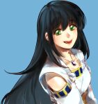  1girl black_hair detached_sleeves dress gensou_suikoden green_eyes ikunosake jewelry long_hair looking_at_viewer necklace open_mouth simple_background smile solo viki_(suikoden) 