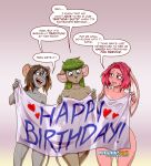  &lt;3 2022 anthro birthday blush blush_lines clenched_teeth convenient_censorship covering covering_self dialogue ear_piercing ears_down female fran_cervic&eacute; fur green_hair group hair half-closed_eyes happy_birthday holding_object katie_tinson keiron_white lagomorph leporid looking_at_another looking_down mammal mouse murid murine narrowed_eyes nervous_sweat nude open_mouth piercing pink_body pink_fur pink_hair pivoted_ears rabbit rodent sam_rodoric signature speech_bubble standing teeth text tongue trio wide_eyed 