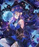  1girl blue_hair blue_theme closed_mouth detached_sleeves dress elf genshin_impact gloves layla_(genshin_impact) leggings long_hair looking_to_the_side orb pointy_ears signature solo star_(symbol) starlipop wavy_hair yellow_eyes 