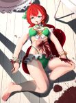  1girl akaiha_(akaihasugk) bangs barefoot bikini blood blood_from_mouth blood_on_hands breasts crying crying_with_eyes_open death emma_(shironeko_project) frilled_bikini frills full_body green_bikini green_eyes guro highres lying medium_breasts on_back puddle_of_blood red_hair shironeko_project solo swimsuit tears 