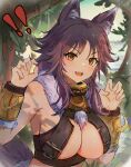  ! !! 1girl absurdres animal_ear_fluff animal_ears arm_belt arm_strap breasts cleavage crop_top forest fur_trim highres kongtiao_xibao large_breasts long_hair makoto_(princess_connect!) nature open_mouth outdoors paw_pose princess_connect! purple_hair sleeveless solo tail wolf_ears wolf_girl wolf_tail yellow_eyes 