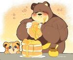  2022 anthro biped blush brown_body duo eating eyes_closed food generation_2_pokemon honey_(food) hyaku_(artist) kemono nintendo pancake pokemon pokemon_(species) teddiursa ursaring video_games 