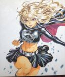  1girl alternate_costume blonde_hair bodysuit breasts cape clothing_cutout commentary commentary_request crop_top dc_comics fujii_eishun highres leotard looking_at_viewer medium_breasts muscular muscular_female navel red_eyes solo supergirl superhero superman_(series) 