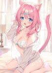  1girl :d animal_ears blue_eyes breasts cat_ears cat_girl cat_tail clothes_down fang highres lamp long_sleeves looking_at_viewer medium_breasts medium_hair natsuki_marina open_clothes open_shirt original pink_hair shirt sitting skin_fang sleeves_past_wrists smile tail wariza white_shirt 