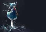  1girl arm_at_side bangs bare_arms barefoot blue_bow blue_dress blue_eyes blue_hair bow cirno dress full_body hair_bow ice ice_wings looking_at_viewer medium_dress medium_hair pale_skin pointy_ears puffy_short_sleeves puffy_sleeves short_sleeves solo tiptoes toes touhou tzafra walking wings 