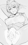  1girl anus ass blush brave_witches breasts breasts_apart breasts_out em_(totsuzen_no_hakike) greyscale hat large_breasts looking_at_viewer military military_hat military_uniform monochrome nipples no_bra one_eye_closed open_mouth pantyhose pussy shiny shiny_hair short_hair sketch smile solo spread_legs spread_pussy torn_clothes torn_pantyhose uniform v waltrud_krupinski world_witches_series 