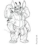  2022 4_arms 4_fingers 4_toes alien antennae_(anatomy) anthro anthrofied back_spines balls biped black_and_white body_hair bottomless bottomless_anthro bottomless_male chest_hair cigarette claws clothed clothing collar dipstick_antennae disney experiment_(lilo_and_stitch) feet finger_claws fingers flaccid flexing genitals head_tuft hi_res holding_cigarette holding_object lilo_and_stitch looking_at_viewer male monochrome multi_arm multi_limb multicolored_antennae musclegut nipple_outline notched_ear open_clothing open_mouth open_shirt open_smile open_topwear penis pissy_badger pubes shirt simple_background smile solo stitch_(lilo_and_stitch) tattoo toes topwear tuft white_background 
