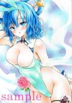  1girl :d animal_ears arim0k0 blue_eyes blue_hair blue_leotard breasts chisel cleavage covered_navel cowboy_shot flower groin hair_rings hand_in_own_hair highres kaku_seiga large_breasts leotard looking_at_viewer ofuda open_mouth parted_lips pink_flower playboy_bunny purple_background rabbit_ears sample_watermark shawl short_hair smile solo standing touhou traditional_media wrist_cuffs 