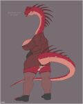  4:5 absurd_res anthro artist_name big_breasts border breasts brown_clothing brown_spikes brown_topwear camel_toe clothed clothing dinosaur female full-length_portrait grey_background hi_res looking_at_viewer narrowed_eyes neck_spikes open_mouth panties portrait red_body red_tongue reptile scalie simple_background solo spiked_tail spikes spikes_(anatomy) standing tongue topwear underwear upai white_border white_clothing white_panties white_underwear wide_hips yellow_eyes 