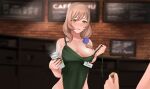  breasts brown_hair cup genshin_impact green_eyes highres iced_latte_with_breast_milk_(meme) lisa_(genshin_impact) meme non-web_source rinjo18 