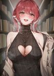  1girl :d amyu_(amm_asl_pa) bangs bare_shoulders blush bookshelf breast_cutout breasts dress hair_ribbon heterochromia highres hololive houshou_marine jacket large_breasts long_hair looking_at_viewer open_mouth red_eyes red_hair ribbon sleeveless smile solo steam sweat turtleneck turtleneck_dress twintails virtual_youtuber yellow_eyes 