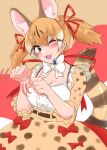  1girl animal_costume animal_ear_fluff animal_ears belt bow bowtie brown_eyes brown_hair cat_ears cat_girl cat_tail extra_ears kemono_friends kemono_friends_v_project kotons large-spotted_genet_(kemono_friends) long_hair looking_at_viewer microphone multicolored_hair one_eye_closed ribbon shirt simple_background skirt solo suspenders tail twintails virtual_youtuber 