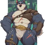  2022 abs absurd_res anthro armor belt biped blush bulge canid canine canis claws dagger digital_media_(artwork) ellipsis facial_scar finger_claws fur gakujo grey_body grey_fur hi_res male mammal melee_weapon muscular muscular_anthro muscular_male navel nipples pauldron pecs scar solo vambraces weapon white_body white_fur wolf 