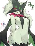  1girl body_fur breast_curtains breasts claws furry furry_female green_fur green_hair heart highres looking_at_viewer mask meowscarada mou_tama_maru navel nude pokemon pokemon_(creature) short_hair simple_background tail twitter_username white_background wiglett 