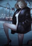  1girl brown_hair container covered_face crane_(machine) fur_coat groin hand_in_pocket high_heels highres kaoming looking_at_viewer navel original outdoors public_indecency public_nudity sky solo stiletto_heels water wind 