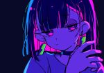  1girl 2980 bangs black_background black_hair bob_cut choker colored_inner_hair earrings half-closed_eyes jewelry looking_afar medium_hair multicolored_hair neon_lights nira-chan obenkyou_shitoiteyo pink_hair purple_eyes shirt solo two-tone_hair zutto_mayonaka_de_ii_no_ni 